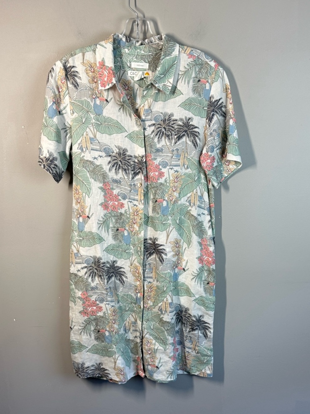C&C California 100% Linen Beach Toucan Surf Shirt Dress Size S - Picture 4 of 13